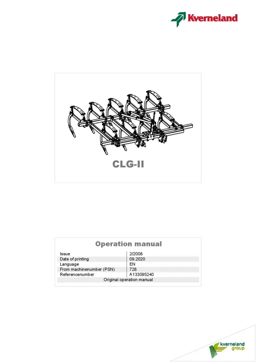 Kverneland CLG II Subsoilers 2020 Operation Maintenance Manual PDF download