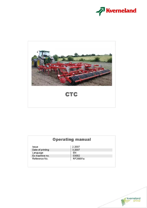 Kverneland CTC Stubble Cultivators 2007 Operation Maintenance Manual PDF download