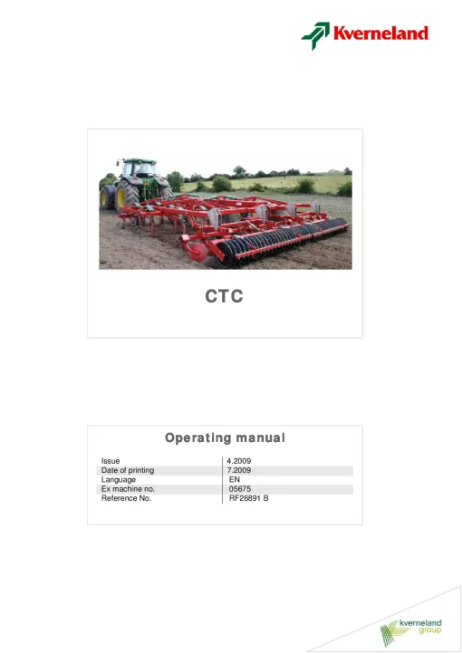 Kverneland CTC Stubble Cultivators 2009 Operation Maintenance Manual PDF download