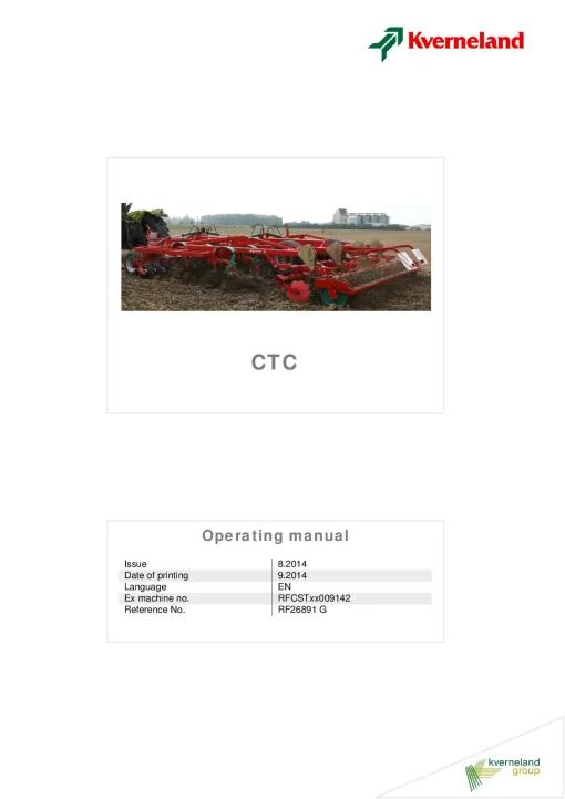 Kverneland CTC Stubble Cultivators 2014 Operation Maintenance Manual PDF download