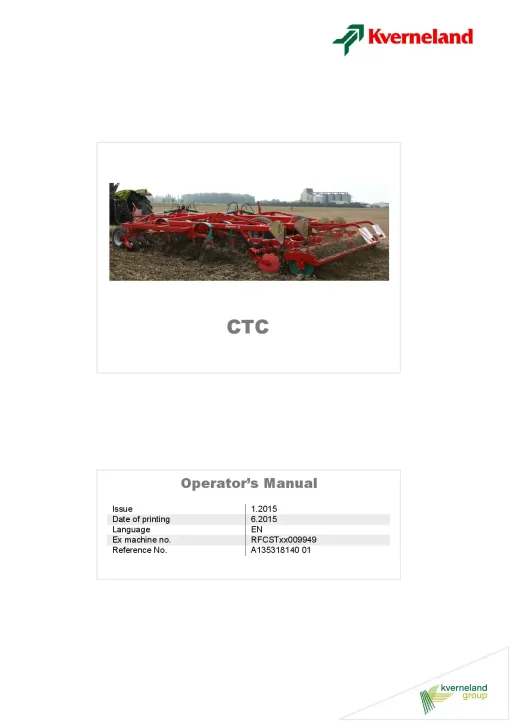Kverneland CTC Stubble Cultivators 2015 Operation Maintenance Manual PDF download