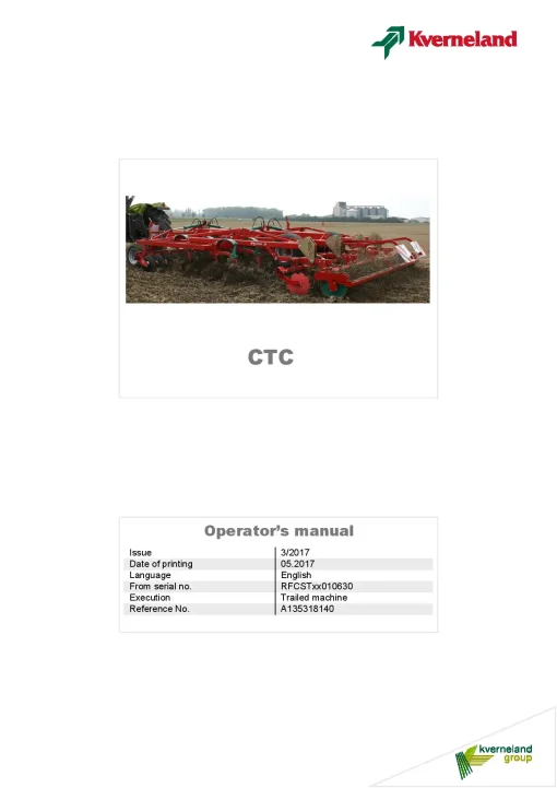 Kverneland CTC Stubble Cultivators 2017 North America Operation Maintenance Manual PDF download