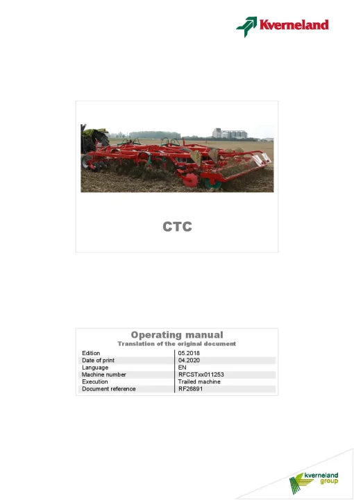 Kverneland CTC Stubble Cultivators 2020 Machine No RFCSTxx011253 Operation Maintenance Manual PDF download