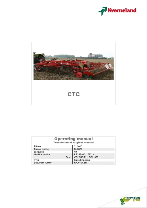 Kverneland CTC Stubble Cultivators 2021 Machine No RFCST01011772 Operation Maintenance Manual PDF download