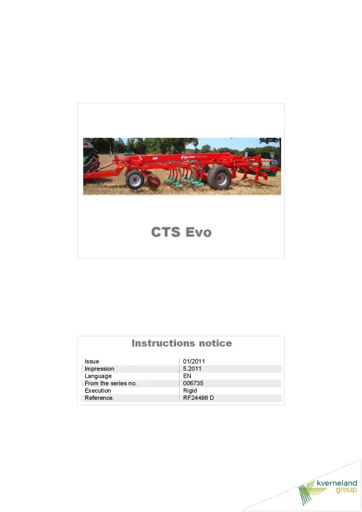 Kverneland CTS EVO Stubble Cultivators 2004 Operation Maintenance Manual PDF download