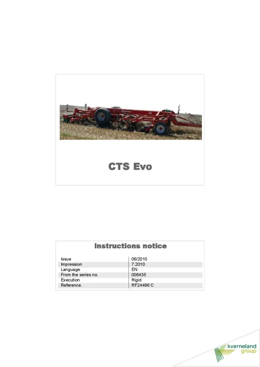 Kverneland CTS EVO Stubble Cultivators 2010 Operation Maintenance Manual PDF download