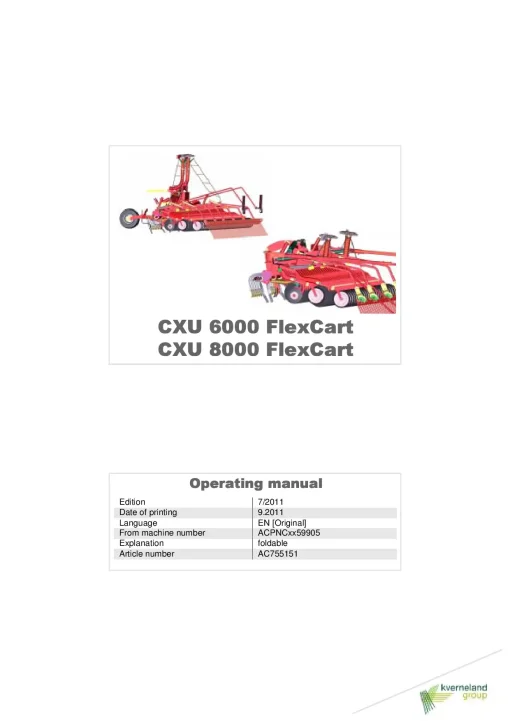 Kverneland CXU 6000 8000 FlexCart Seed drills Mounted-trailed 2011 Operation Maintenance Manual PDF download