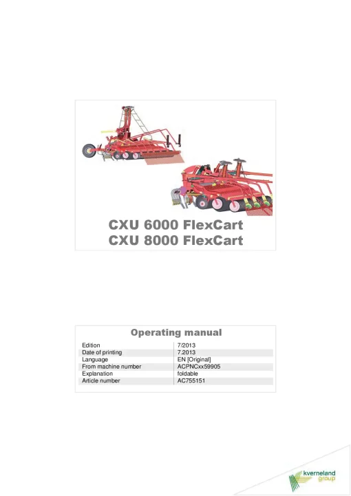 Kverneland CXU 6000 8000 FlexCart Seed drills Mounted-trailed 2013 Operation Maintenance Manual PDF download