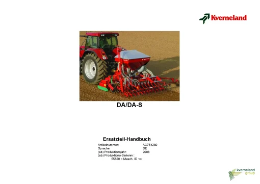 Kverneland DA -DAS seed Drill 2008 DE Parts Manual Catalog Pdf Download