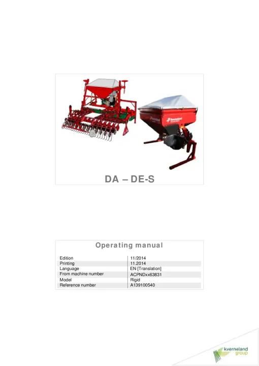Kverneland DA -DES seed Drill 2014 Operation Maintenance Manual PDF download