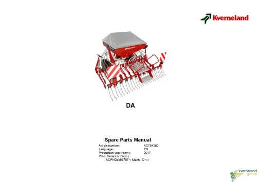 Kverneland DA seed Drill Cultivator mounted 2017 Parts Manual Catalog Pdf Download