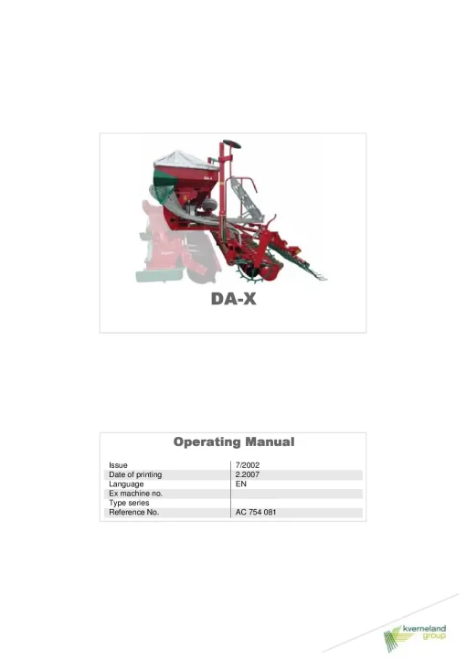 Kverneland DAX seed Drill Cultivator mounted 2007 Operation Maintenance Manual PDF download