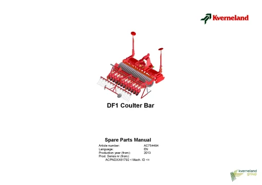 Kverneland DF1 Coulterbar Seed drills Cultivator mounted 2013 Parts Manual Catalog Pdf Download