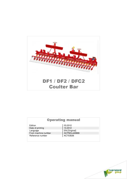 Kverneland DF1 DF2 DFC2 Coulter Bar Seed drills Cultivator mounted 2012 Operation Maintenance Manual PDF download