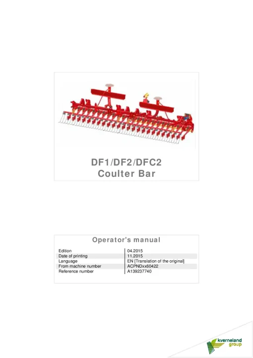 Kverneland DF1 DF2 DFC2 Coulter Bar Seed drills Cultivator mounted 2015 Operation Maintenance Manual PDF download