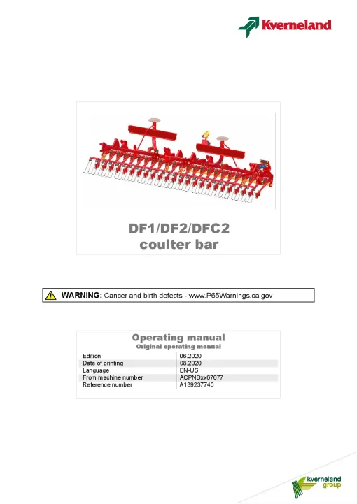 Kverneland DF1 DF2 DFC2 Coulter Bar Seed drills Cultivator mounted 2020 North America Operation Maintenance Manual PDF download