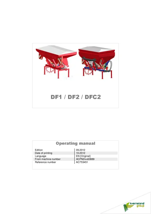 Kverneland DF1 DF2 DFC2 Seed drills Cultivator mounted 2012 Operation Maintenance Manual PDF download