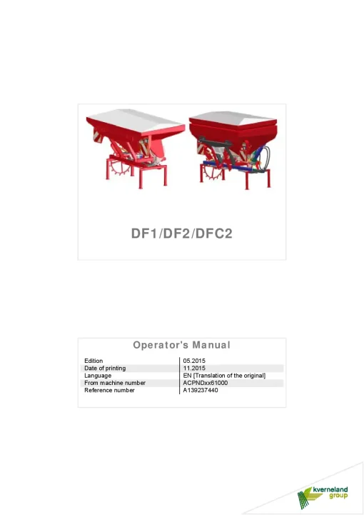 Kverneland DF1 DF2 DFC2 Seed drills Cultivator mounted 2015 Operation Maintenance Manual PDF download