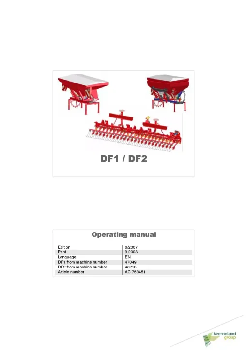 Kverneland DF1 DF2 Seed drills Cultivator mounted 2008 Operation Maintenance Manual PDF download