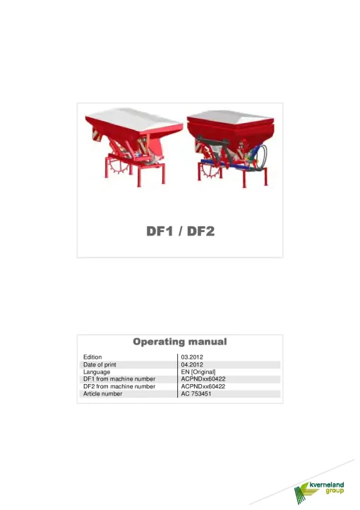 Kverneland DF1 DF2 Seed drills Cultivator mounted 2012 Operation Maintenance Manual PDF download