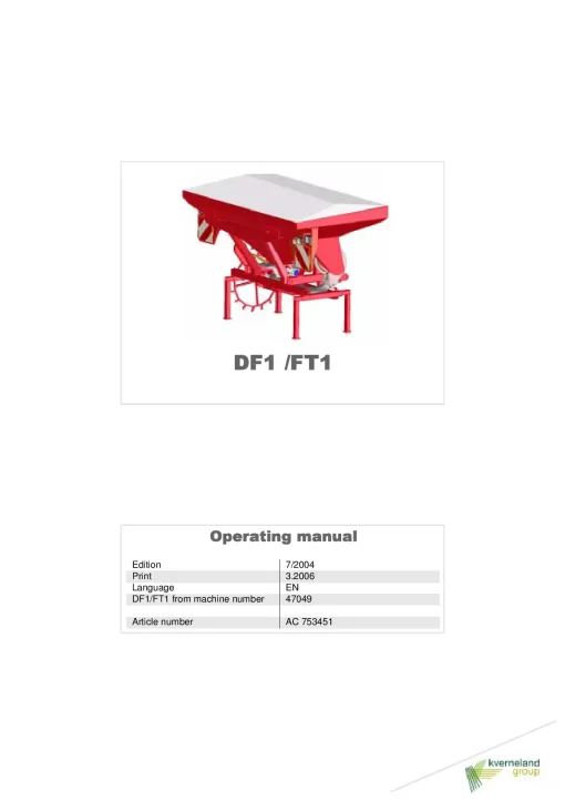 Kverneland DF1 FT1 Seed drills Cultivator mounted 2004 Operation Maintenance Manual PDF download