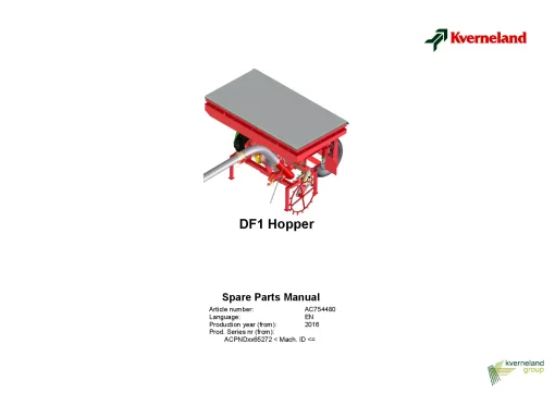 Kverneland DF1 Hopper Seed drills Cultivator mounted 2016 Parts Manual Catalog Pdf Download