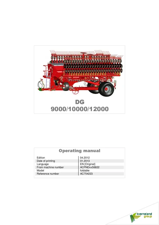 Kverneland DG 9000 10000 12000 Seed drills Mounted-trailed 2013 Operation Maintenance Manual PDF download
