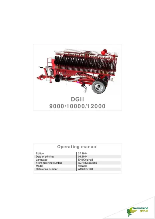 Kverneland DG II 9000 10000 12000 Seed drills Mounted-trailed 2014 Operation Maintenance Manual PDF download