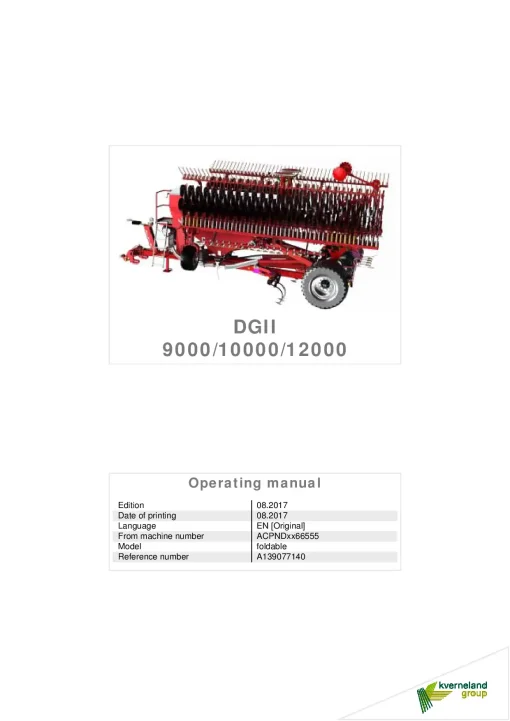 Kverneland DG II 9000 10000 12000 Seed drills Mounted-trailed 2017 Operation Maintenance Manual PDF download