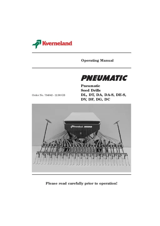 Kverneland DL DT DA DAS DES DV DF DG DC Pneumatic seed Drill Operation Maintenance Manual PDF download