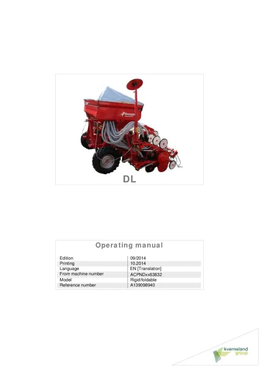 Kverneland DL Seed drills Mounted-trailed 2014 Operation Maintenance Manual PDF download
