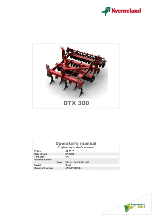 Kverneland DTX300 Subsoilers 2017 Operation Maintenance Manual PDF download