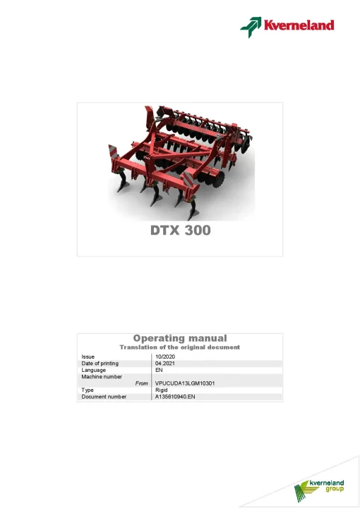 Kverneland DTX300 Subsoilers 2020 Operation Maintenance Manual PDF download