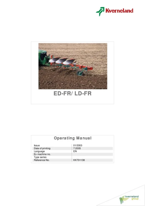 Kverneland ED-FR LD-FR Ploughs- Reversible- Front mounted 2003 Operation Maintenance Manual PDF download