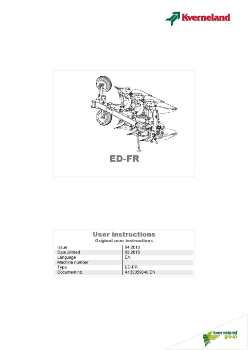 Kverneland ED-FR Ploughs -Conventional- Semi mounted 2015 Operation Maintenance Manual PDF download