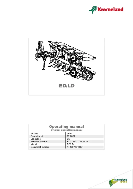 Kverneland ED- LD Ploughs Reversible Mounted 2007 Operation Maintenance Manual PDF download