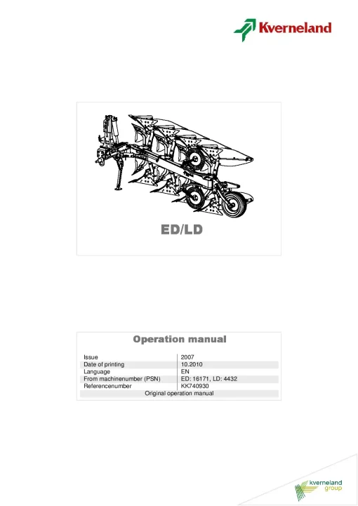 Kverneland ED- LD Ploughs Reversible Mounted 2010 Operation Maintenance Manual PDF download