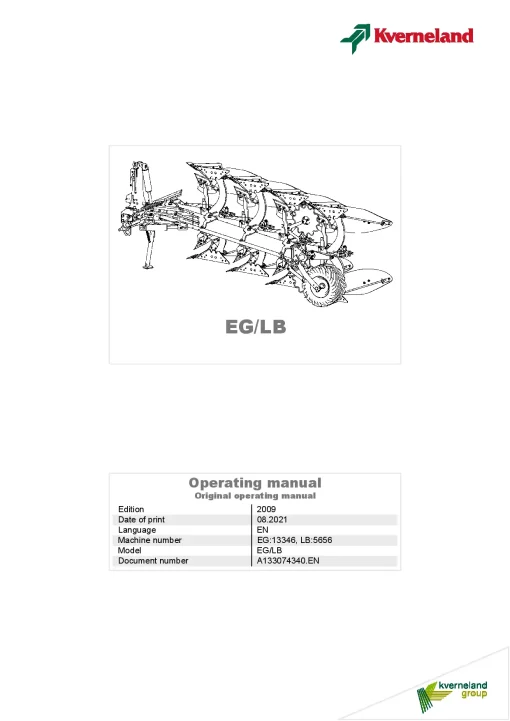 Kverneland EG-LB Ploughs Reversible Mounted 2021 Operation Maintenance Manual PDF download