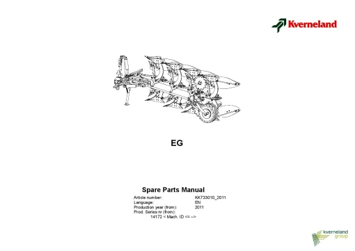 Kverneland EG Ploughs Reversible Mounted 2011 Sn 14172- Parts Manual Catalog Pdf Download