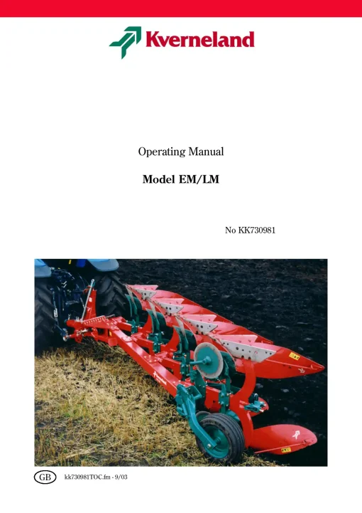 Kverneland EM -LM Ploughs Reversible Mounted 2003 Operation Maintenance Manual PDF download