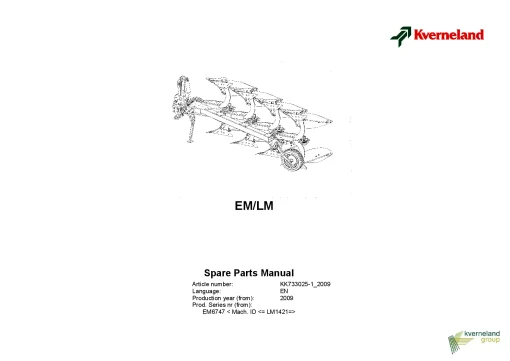 Kverneland EM -LM Ploughs Reversible Mounted 2009 Parts Manual Catalog Pdf Download