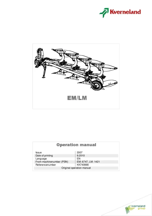 Kverneland EM -LM Ploughs Reversible Mounted 2010 Operation Maintenance Manual PDF download