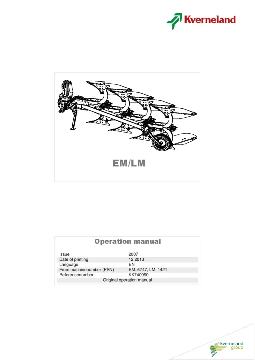 Kverneland EM -LM Ploughs Reversible Mounted 2013 Operation Maintenance Manual PDF download