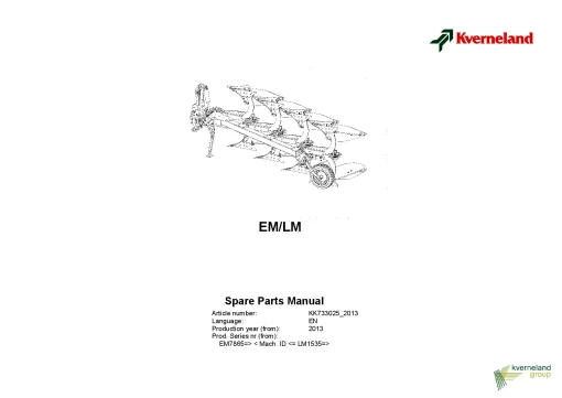 Kverneland EM -LM Ploughs Reversible Mounted 2013 Parts Manual Catalog Pdf Download