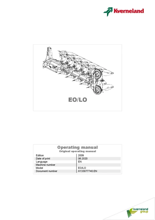 Kverneland EO -LO Ploughs -Reversible- Mounted 2009 Operation Maintenance Manual PDF download