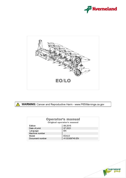 Kverneland EO -LO Ploughs -Reversible- Mounted 2015 North America Operation Maintenance Manual PDF download