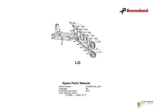 Kverneland EO -LO Ploughs Reversible Mounted 2021 Parts Manual Catalog Pdf Download