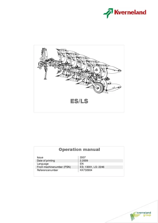 Kverneland ES-LS Ploughs -Reversible- Mounted 2007 Operation Maintenance Manual PDF download