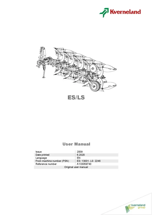 Kverneland ES-LS Ploughs -Reversible- Mounted 2009 Operation Maintenance Manual PDF download
