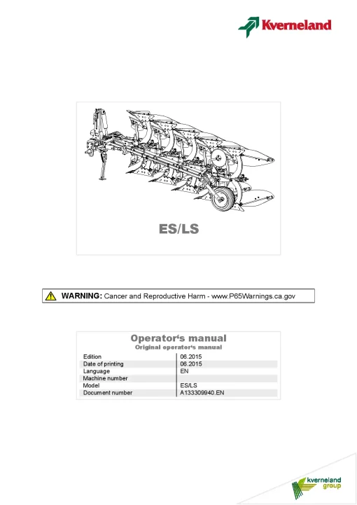 Kverneland ES-LS Ploughs -Reversible- Mounted 2015 Operation Maintenance Manual PDF download